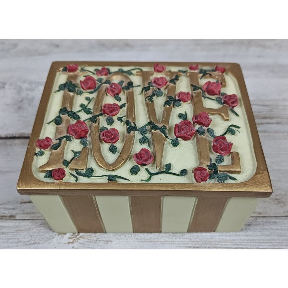 VTG 90s DEZINE Trinket Box Hand Painted "LOVE" Roses Gold Red Green Cream 4"x3"